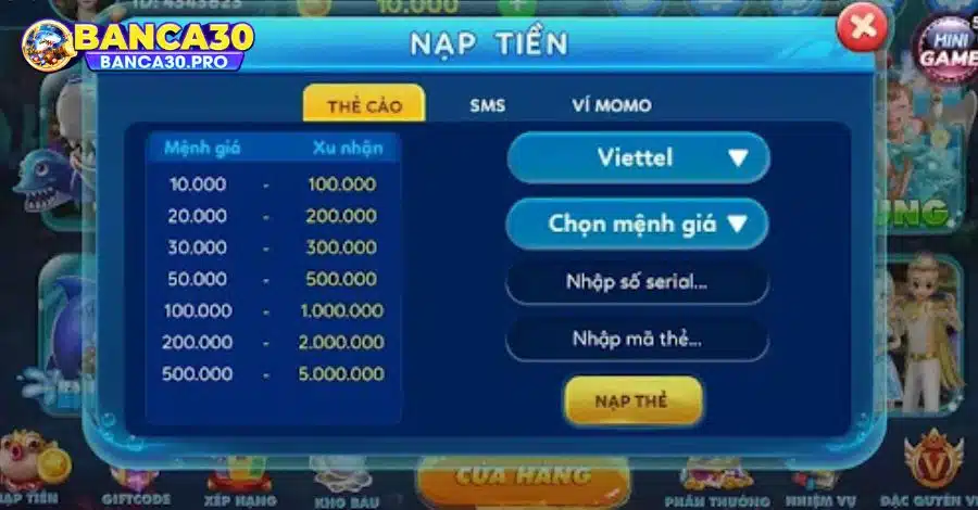 Hệ thống nạp tiền cực dễ dàng 